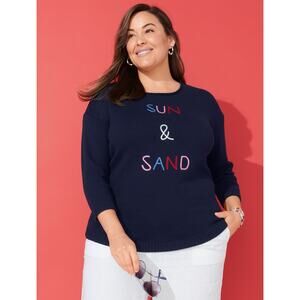 Talbots Sz 2X Pretty Navy Sun & Sand Embroidered Roll Neck 3/4 Sleeve Sweater